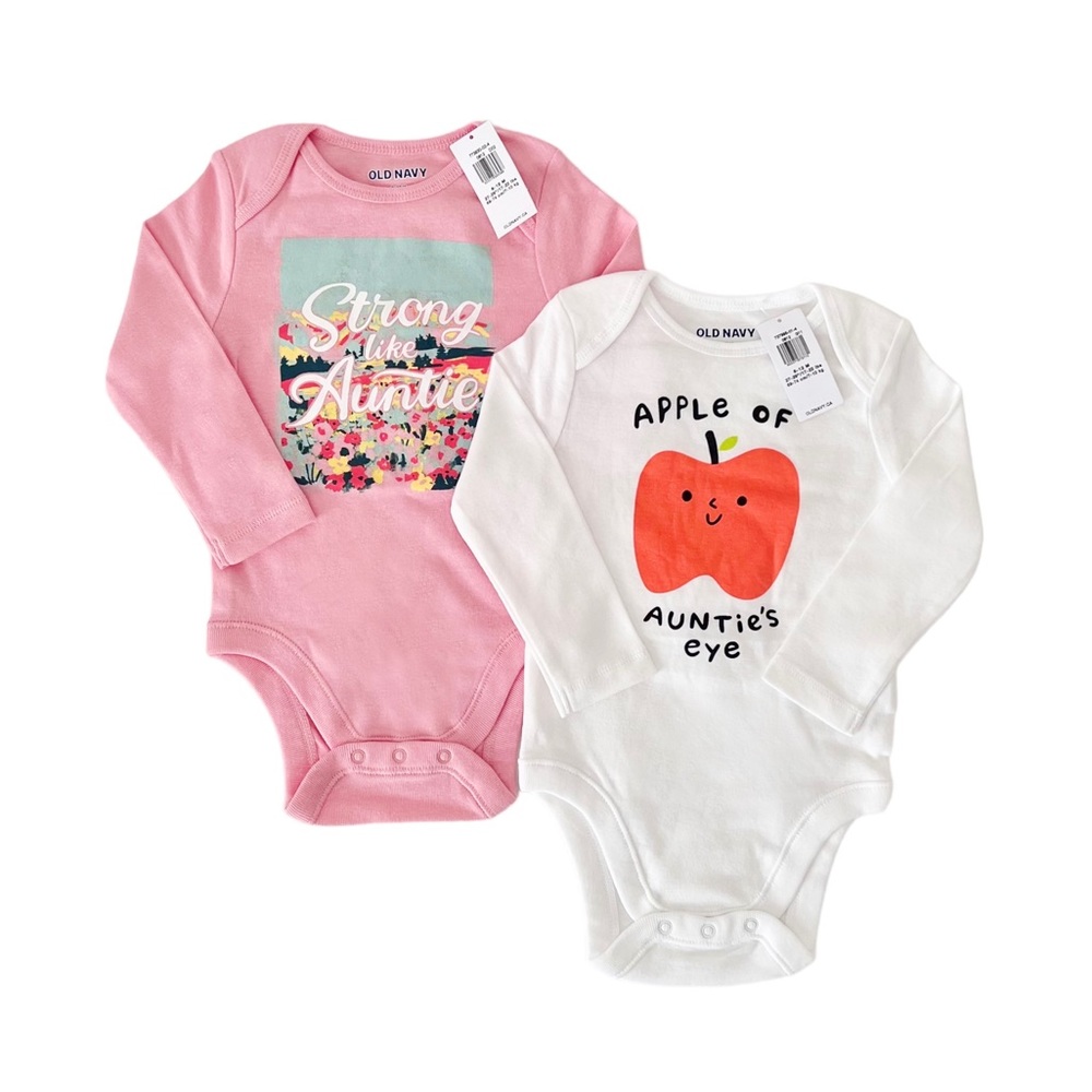 2 long sleeve 6-12M Old Navy auntie bodysuits